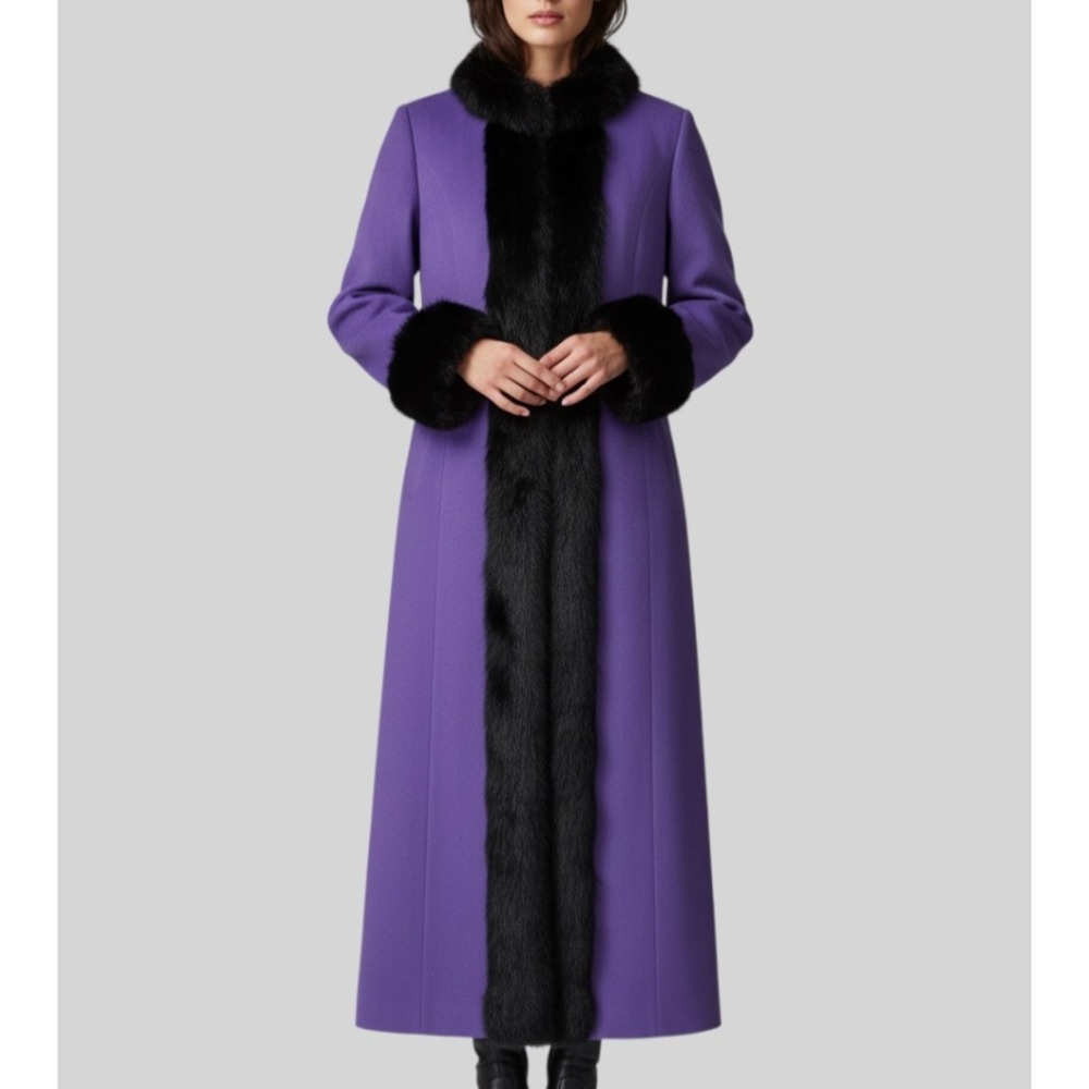 LUXE Especially Yours PURPLE OVERCOAT LONG COAT JACKET Black Faux Fur Trim SZ M